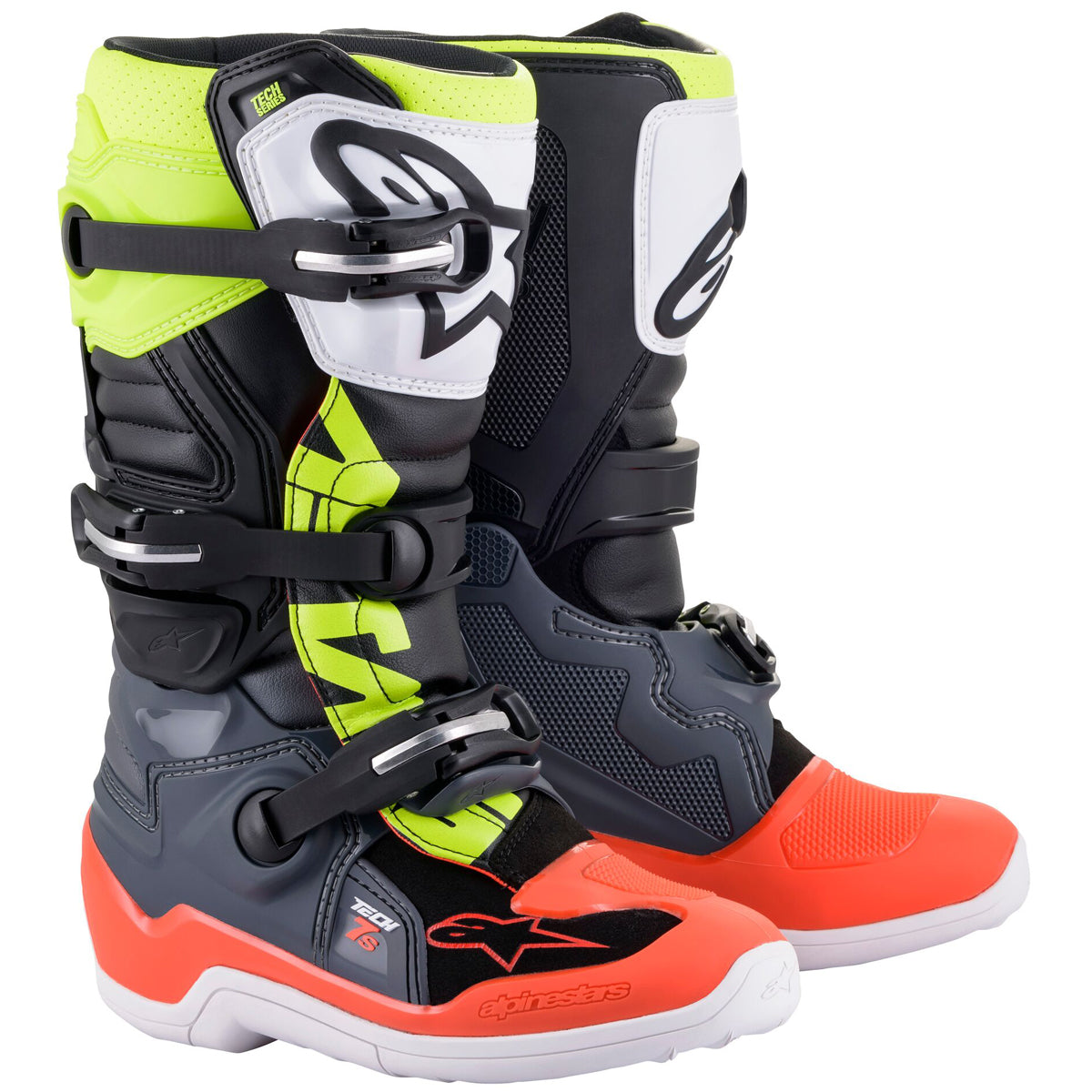 Botas Alpinestars Tech 7S Junior gris oscuro / rojo flúor / amarillo flúor
